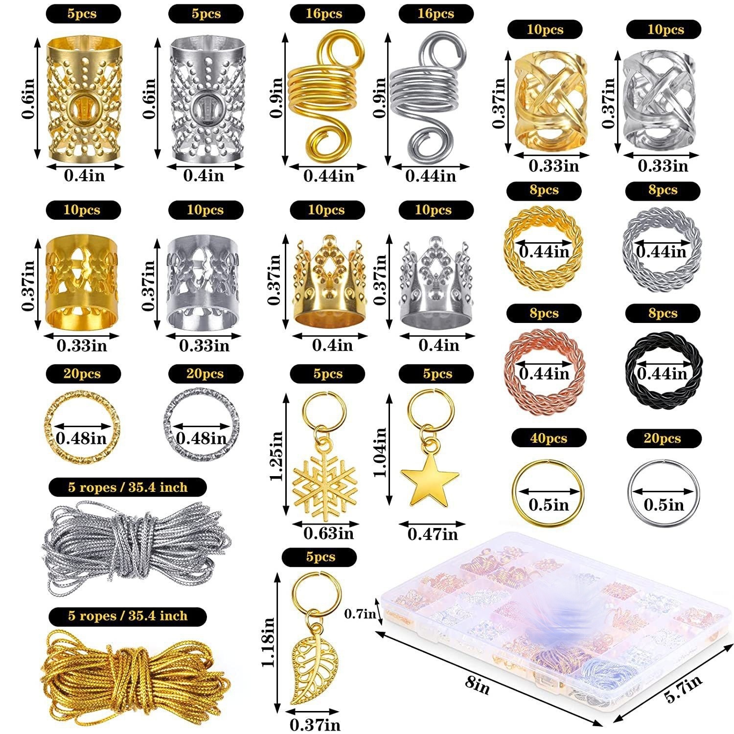 259 piezas de Amazon DIY damas trenzas para el cabello largo envase colgante de cuentas de aluminio anillo trenzado dorado puño