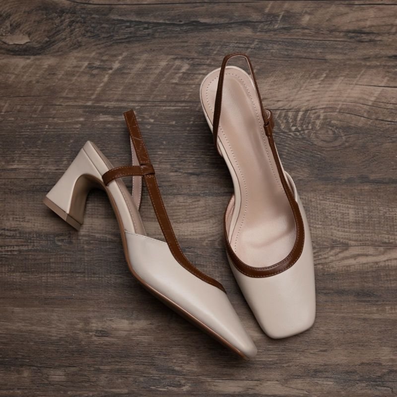 Soft Leather Square-Toe Versatile Color-Blocked Closed-Toe Sandals for Women, 2026 Spring/Summer Shallow Mouth Chunky Heel High Heels, French-Style Sandals for Women
