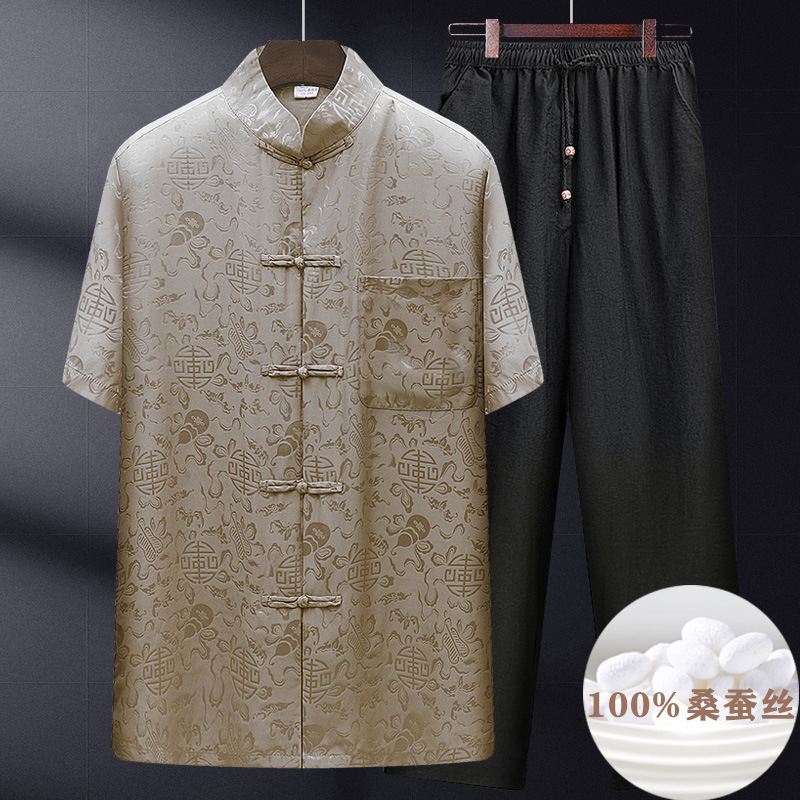 Mulberry Silk Tang Suit Men's Summer Short-sleeved Dad Suit Middle-aged and Elderly Silk Satin Shirt Grandpa Chinese Style Men's Suit