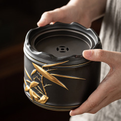 描金茶洗粗陶建水帶蓋陶瓷茶渣缸家用茶盂壺承茶水盆功夫茶具配件