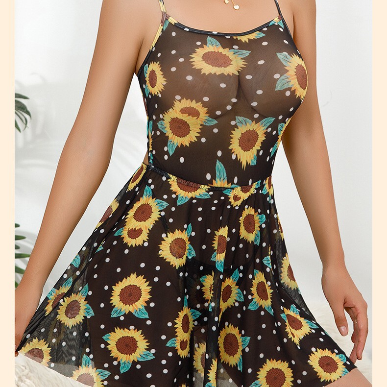 Cross-Border New European and American Sexy Suspender Daisy Print Dress Black See-Through Floral Strap Sexy Sexy Nightgown
