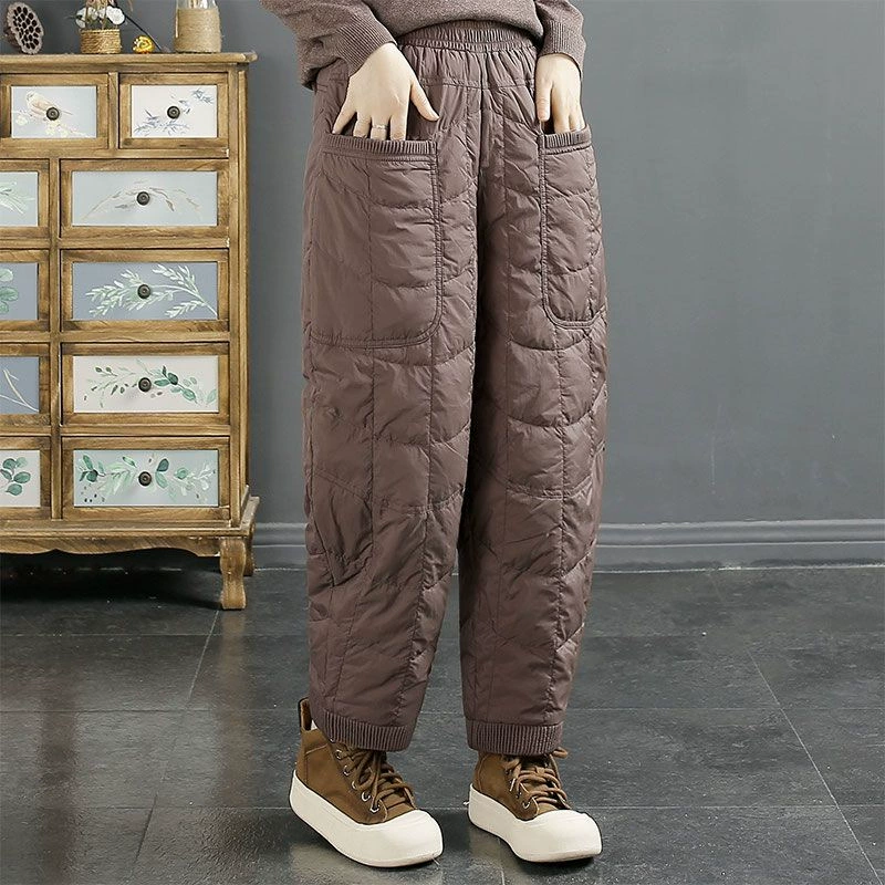 Винтажные однотонные клетчатые хлопковые брюки с пуховым наполнителем, ветрозащитные, теплые, плотные, свободные, повседневные брюки, зима 2025, большие размеры для женщин