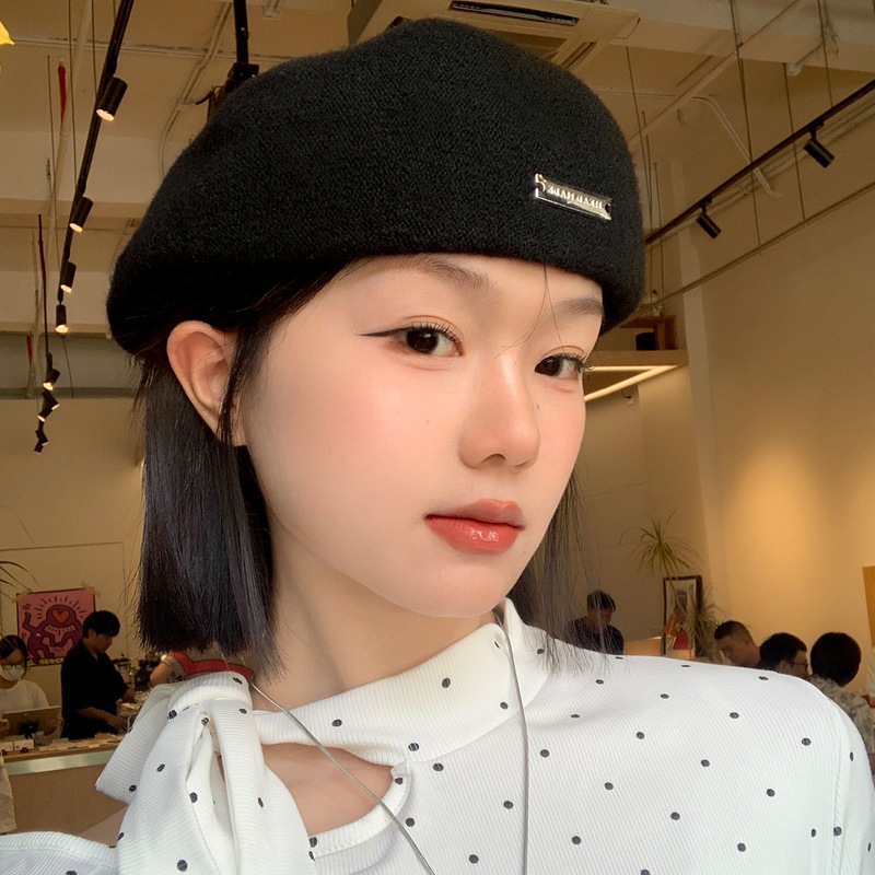 黑色反戴贝雷帽女2025新款秋冬季显脸小前进帽韩系大头围画家帽子|undefined
