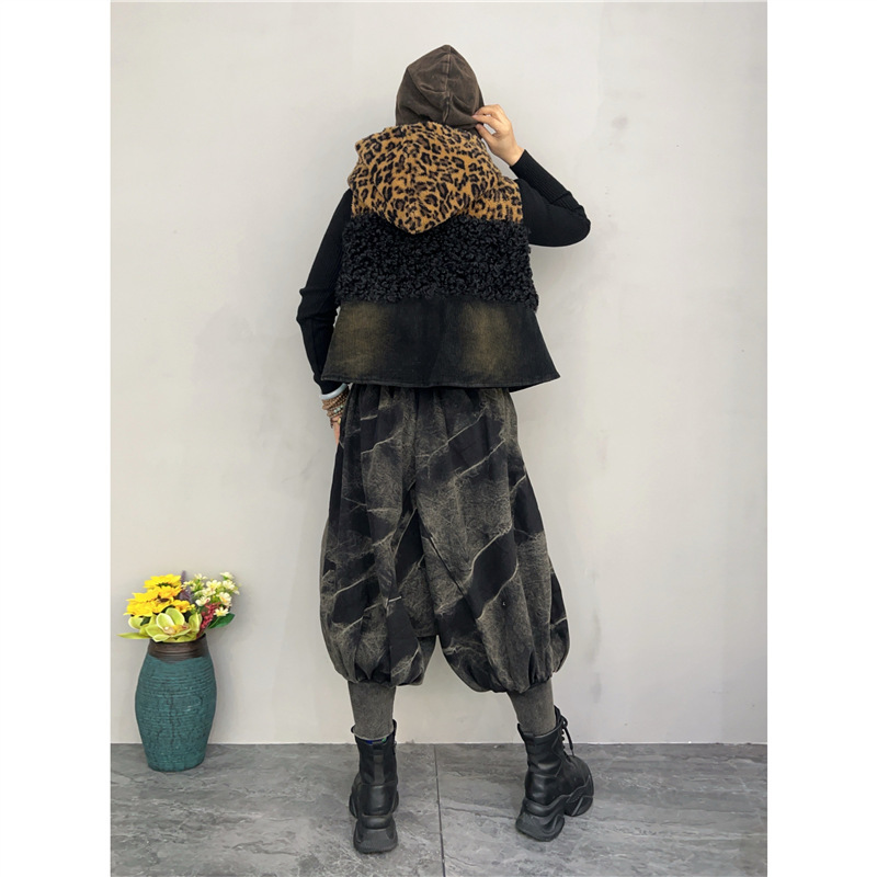 Personalidad de la moda leopardo retrógrado de algodón caliente con capuchón chaleco de algodón corto lámpara de calzado de invierno y otoño dos piezas para mujeres
