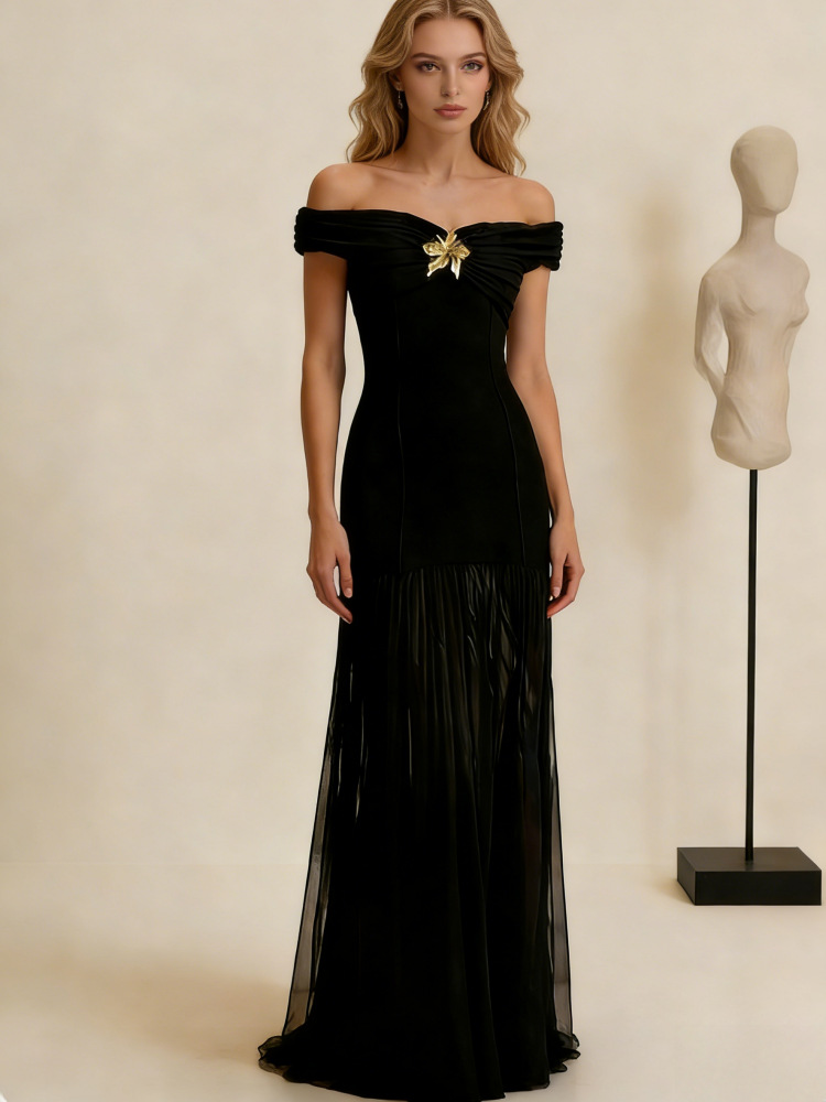 Women's Elegant Off Shoulder Backless Mesh Panel Flowy Maxi Dress – Sexy Summer Gown 2026_ecoleips.com