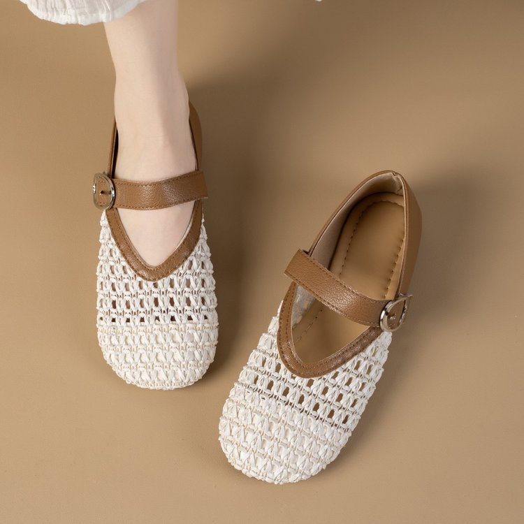 Zapatos franceses de verano 2026 nuevos huecos transpirables con una sola sola sola plana plana con falda
