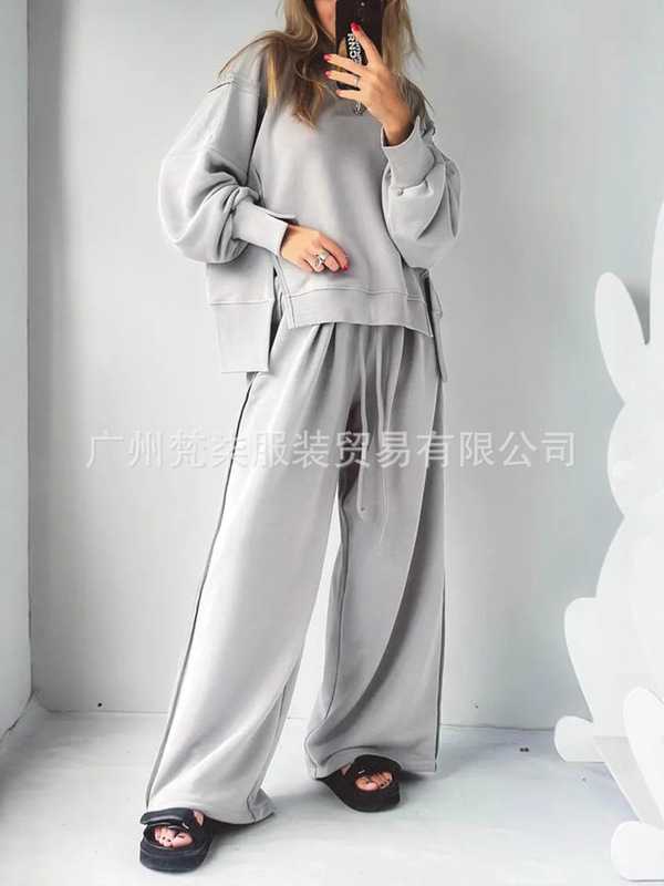 欧美跨境2025秋冬亚马逊新款圆领拼接卫衣抽绳运动长裤休闲套装女|undefined
