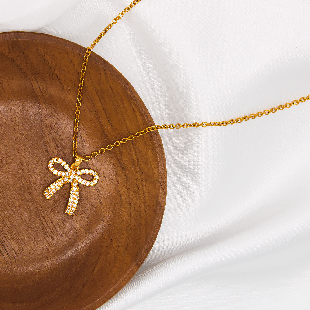 Simple Style Bow Knot Stainless Steel Inlay Zircon Pendant Necklace 1 Piece