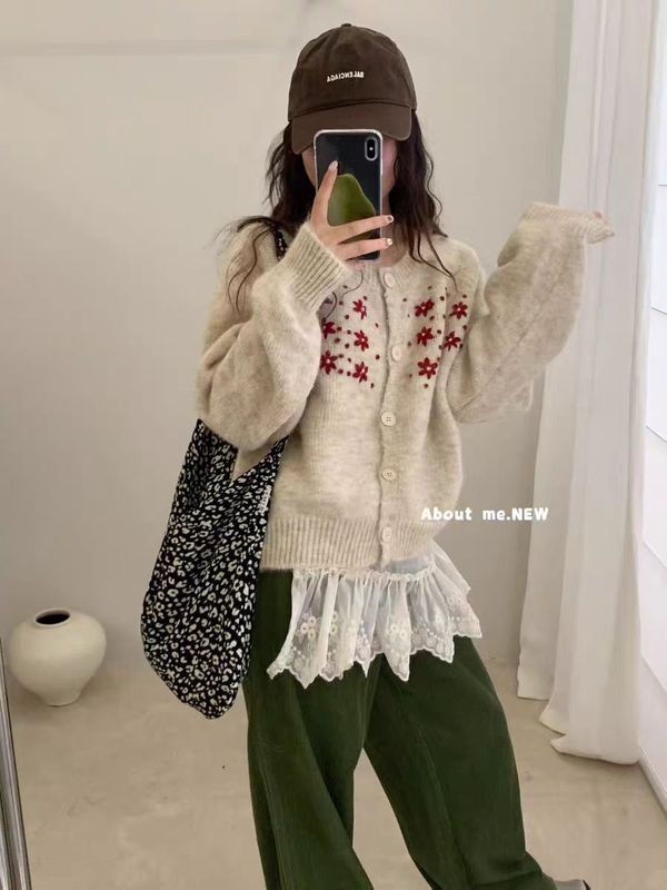 韩系穿搭早秋温柔碎花毛衣外套女秋冬外穿宽松慵懒针织开衫上衣|undefined