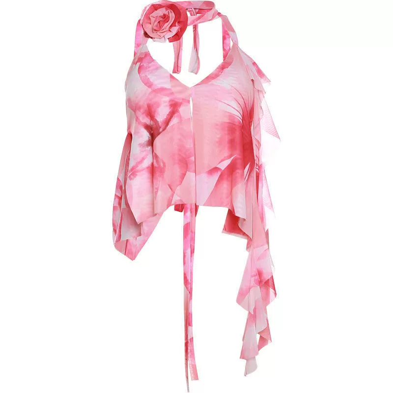 Летний пляжный майка-бюстье без рукавов, tie-dye фуксия, задняя петля на шейке, легкая 2024