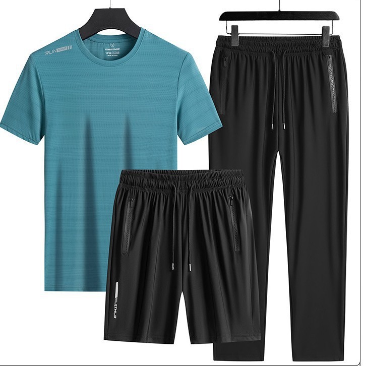 Trajes deportivos transfronterizos para hombres de verano de seda de hielo de manga corta de mediana edad, pantalones rectos para padres de tres piezas de secado rápido