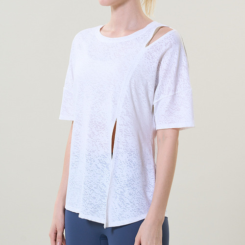 Summer New Arrival Jacquard Hollow-Out Breathable Short-Sleeve T-Shirt for Women: Sexy European & American-Style Blouse for Yoga & Workout, Lulu Yoga Wear