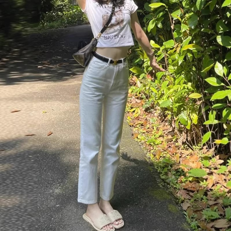 White Cropped Straight-Leg Jeans for Women, 2026 Summer New High-Waisted Versatile Stretchy Slim-Fit Cigarette Pants White Cropped Straight-Leg Jeans for Women, 2026 Summer New High-Waisted Versatile Stretchy Slim-Fit Cigarette Pants