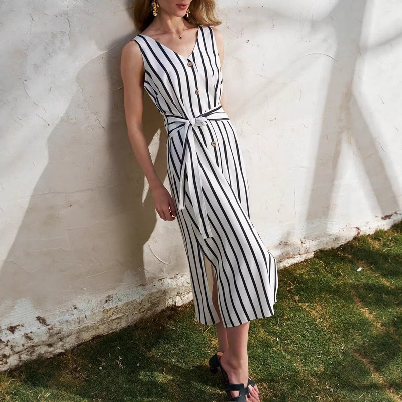 2026 Cross-Border Foreign Trade Amazon Aliexpress Independent Site New Striped Sleeveless V-Neck Long Shirt Dress for Women