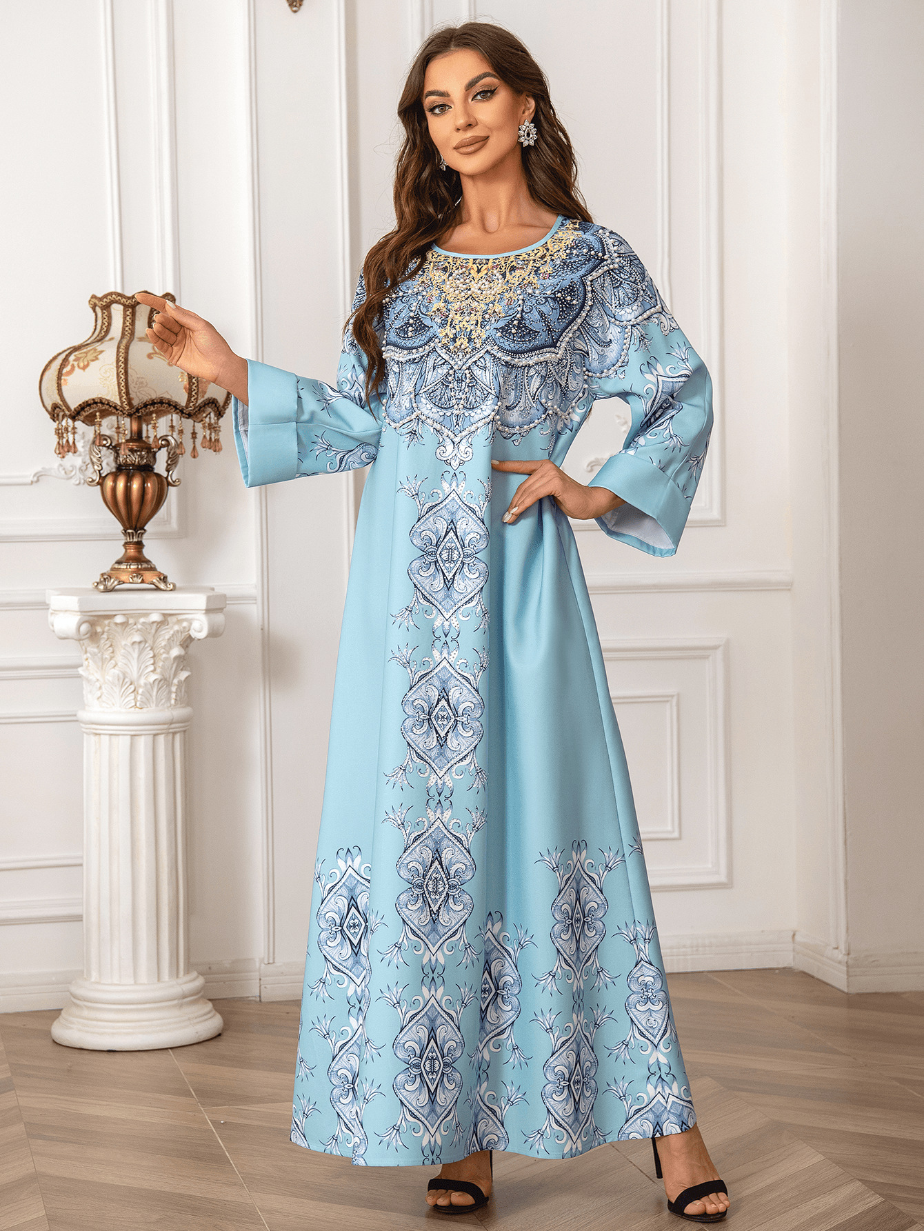 ZD024 Middle Eastern And European Cross-border Foreign Trade Muslim Printed Robe Abaya Beaded Round-neck Dress Gown_ecoleips.com
