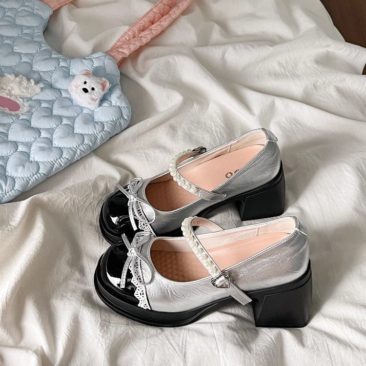 French Retro Silver Mary Jane Shoes for Women 2026 New Summer Thick-Soled Chunky High Heels with Skirt and Small Leather Shoes