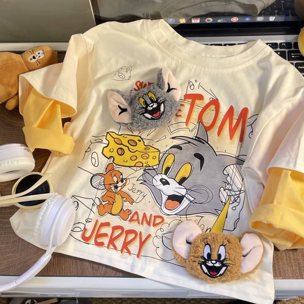 Футболка с длинным рукавом для мальчиков, хлопок, 3D Tom & Jerry, демисезон, бежевый