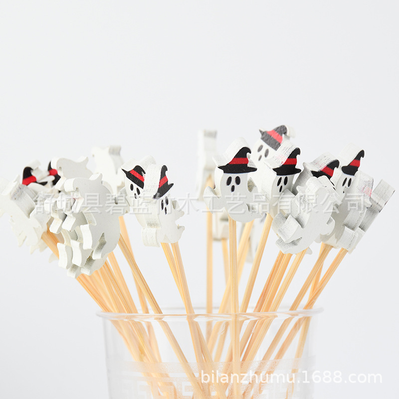 Spot al por mayor desechable stick de fruta Halloween estilo cráneo stick de bambú arte stick de fruta camellia