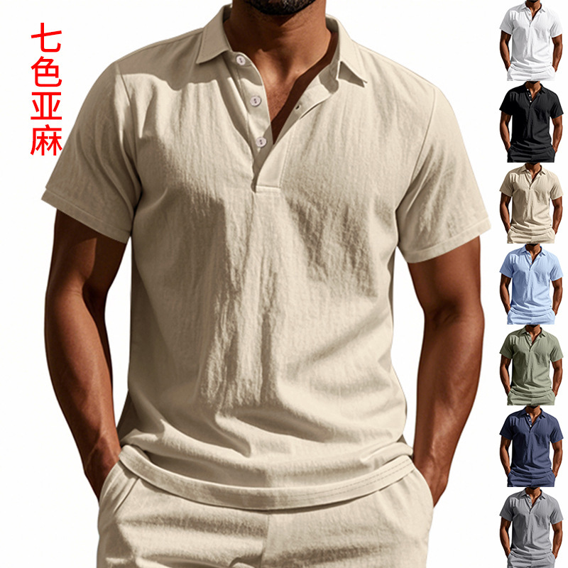 Transfronterizo europeo y americano verano hombres estilo británico tendencia suelta lino transpirable casual solapa hebilla camisa POLO manga corta