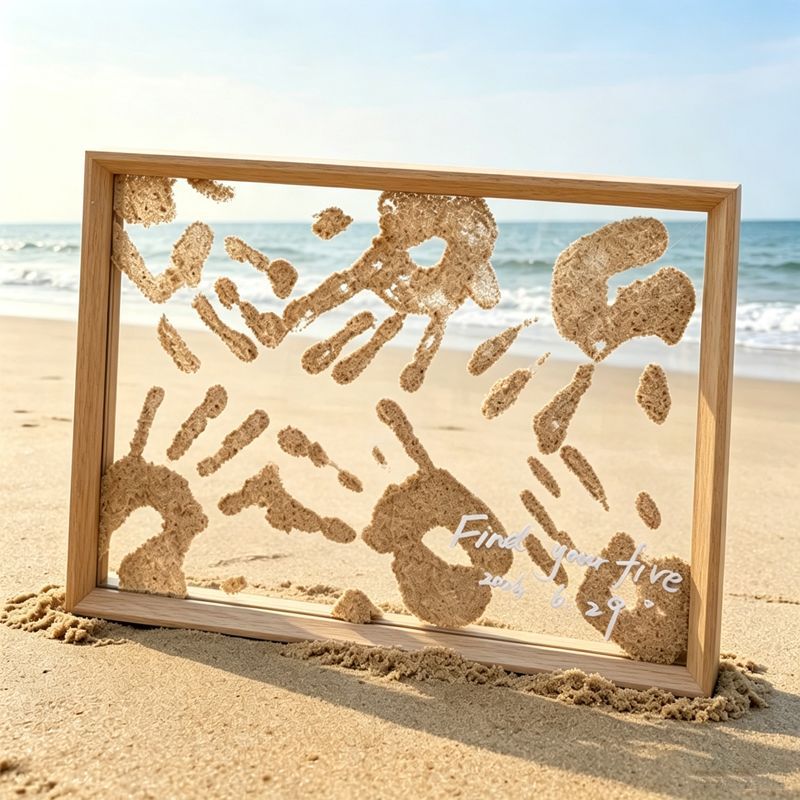Beach handprint painting family photo frame, double-sided transparent photo frame, stand-up table decoration, handmade DIY storage display Beach handprint painting family photo frame, double-sided transparent photo frame, stand-up table decoration, handmade DIY storage display