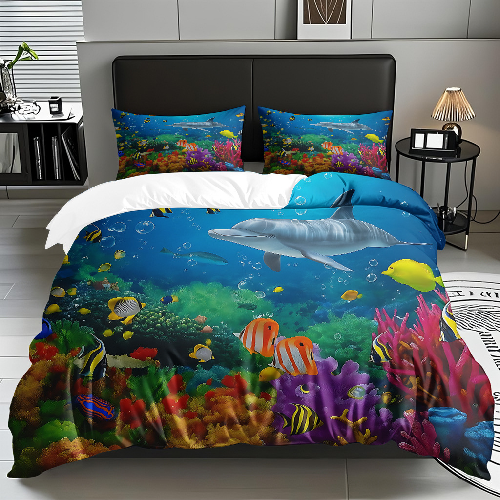 TEMU / JIT Amazonas transfronterizo varios animales marinos patrón 3D impresión digital colcha colchón kit de almohada