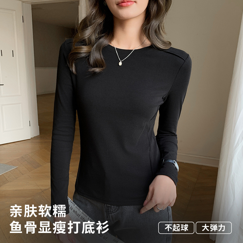 K2639 코팅 라운드 긴팔 티셔츠 여춘추 겨울 타이트한 어골 정어깨 레깅스 안