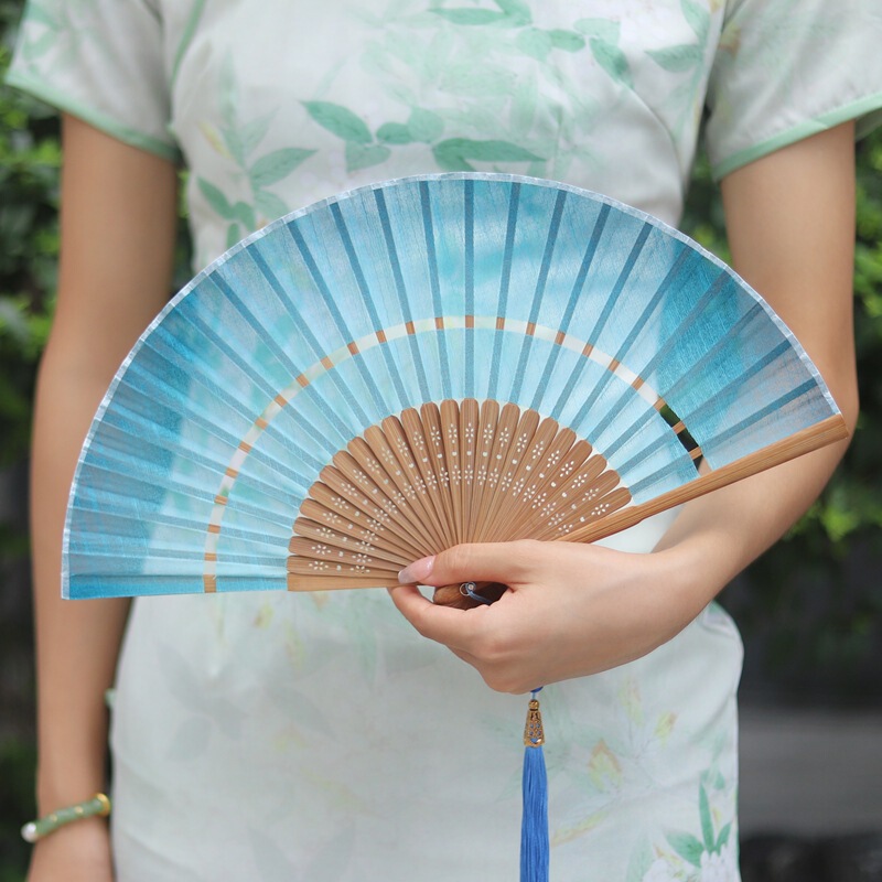 中国風の二重節扇子折りたたみ布張りレトロスタイルチャイナドレス漢服小型扇子ポータブル夏の女性のダンス扇子|undefined