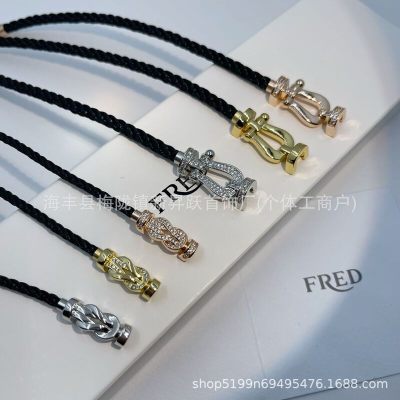 High-End V-Gold Fred Horseshoe Buckle Black Nylon Bracelet for Women, Platinum Large Figure-Eight Buckle Full Diamond Bracelet for Men