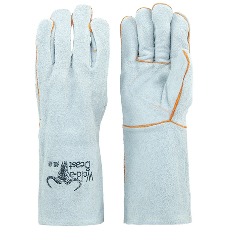 Guantes de soldadura de piel de vaca de soldadura, guantes de protección de soldadura de soldadura de invierno gruesos resistentes a quemaduras largos y suaves