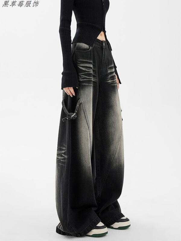 American-Style Trendy Street Vibe Fashion Design Washed Black Jeans for Women High-Waisted Loose Slimming Wide-Leg Pants American-Style Trendy Street Vibe Fashion Design Washed Black Jeans for Women High-Waisted Loose Slimming Wide-Leg Pants