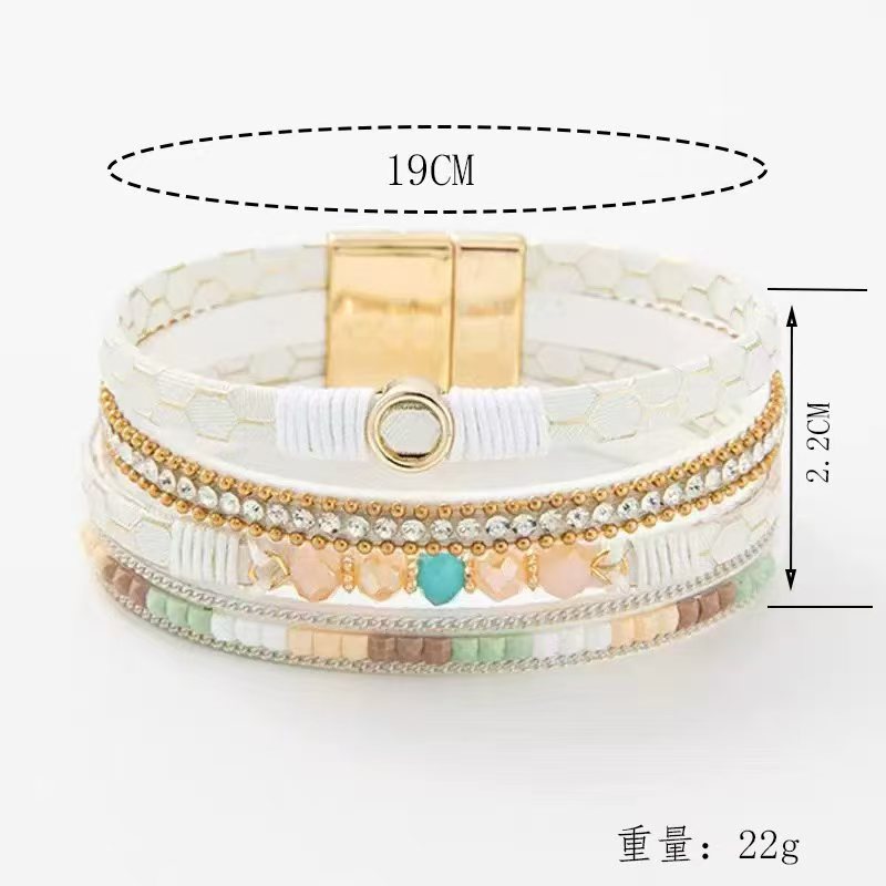 跨境2023新款多层皮革磁铁扣女式手链水钻水晶金属魅力女士宽手镯