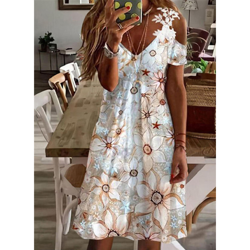 Women's Regular Dress Fashion V Neck Printing Short Sleeve Color Block Flower Knee-length Holiday display picture 3