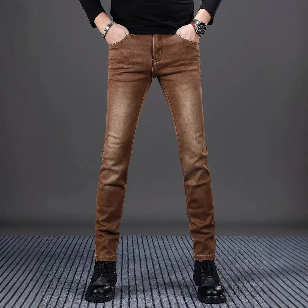 Men's Coffee Colored Slim Fit Jeans Casual Spring Style mid Waist Cotton Long Pants Black Gray Blue Wide Leg Skinny Jeans_voghion.com