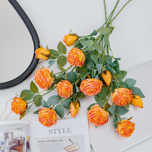 Long-stemmed baked edge 5-headed coral rose artificial flower bouquet home decoration flower wedding props cross-border decoration flower