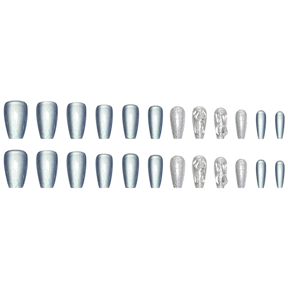 Ojos de gato con diamantes trapezoides para usar uñas cortas, plata y azul, 24 piezas de estilo de moda, parches de uñas falsas terminados