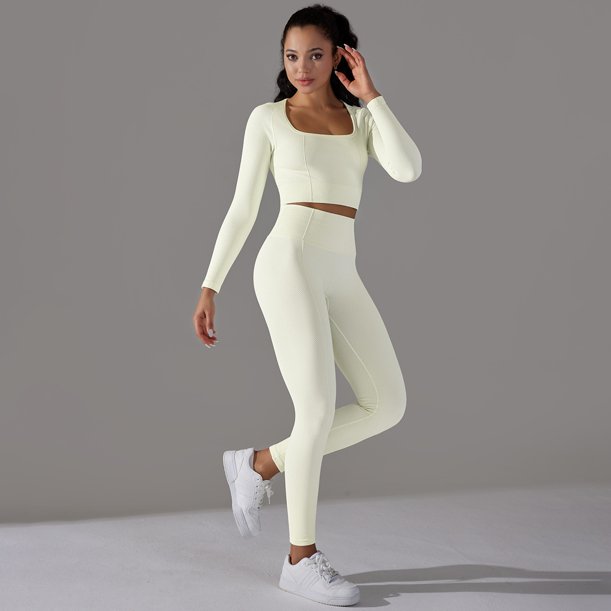 Rochie de yoga Jacquard pentru femei, cu mânecă lungă, talie înaltă, colanți de șold, îmbrăcăminte sport pentru fitness_voghion.com