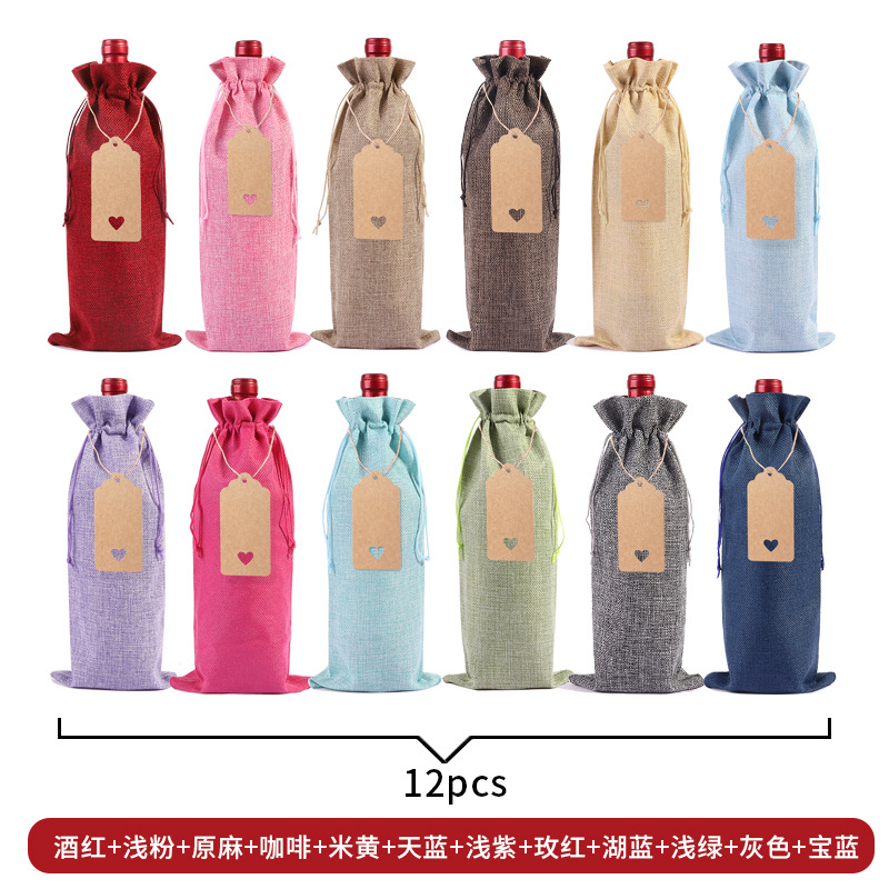 Suministro directo de fábrica bolsa de botella de vino de lino traje ciego degustación de vino botella cubierta de lino etiqueta bolsa de embalaje de vino tinto en stock al por mayor