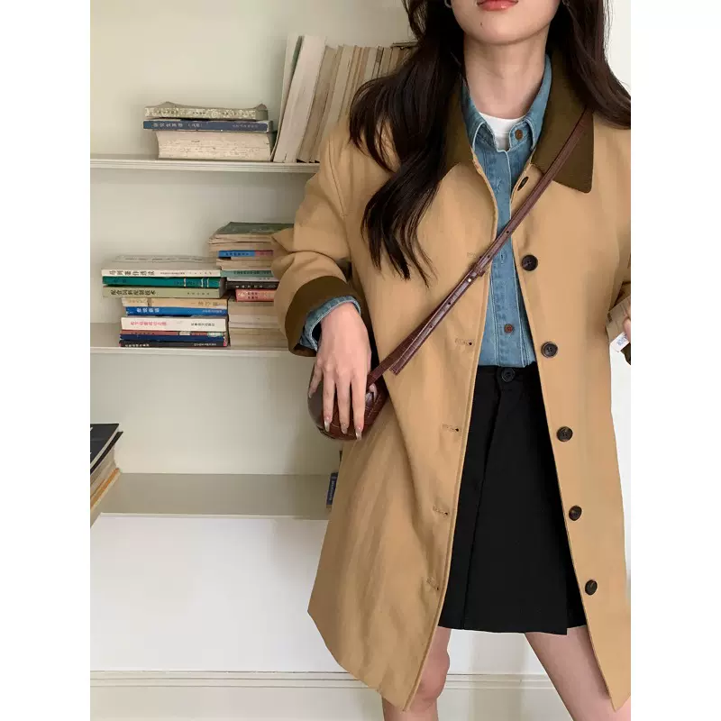 3th Morning 早秋新款 复古撞色拼接翻领宽松风衣外套ZY3215