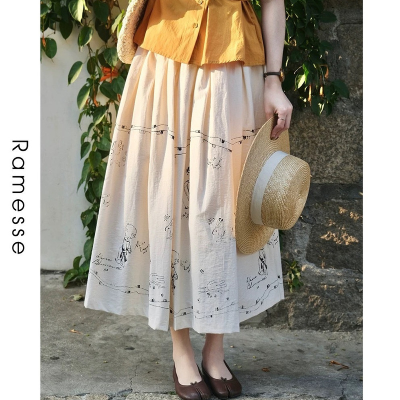 Ramesse | Tess apricot of the D'Urbervilles Retro Hand-painted Graffiti Loose Waist Umbrella Skirt Skirt