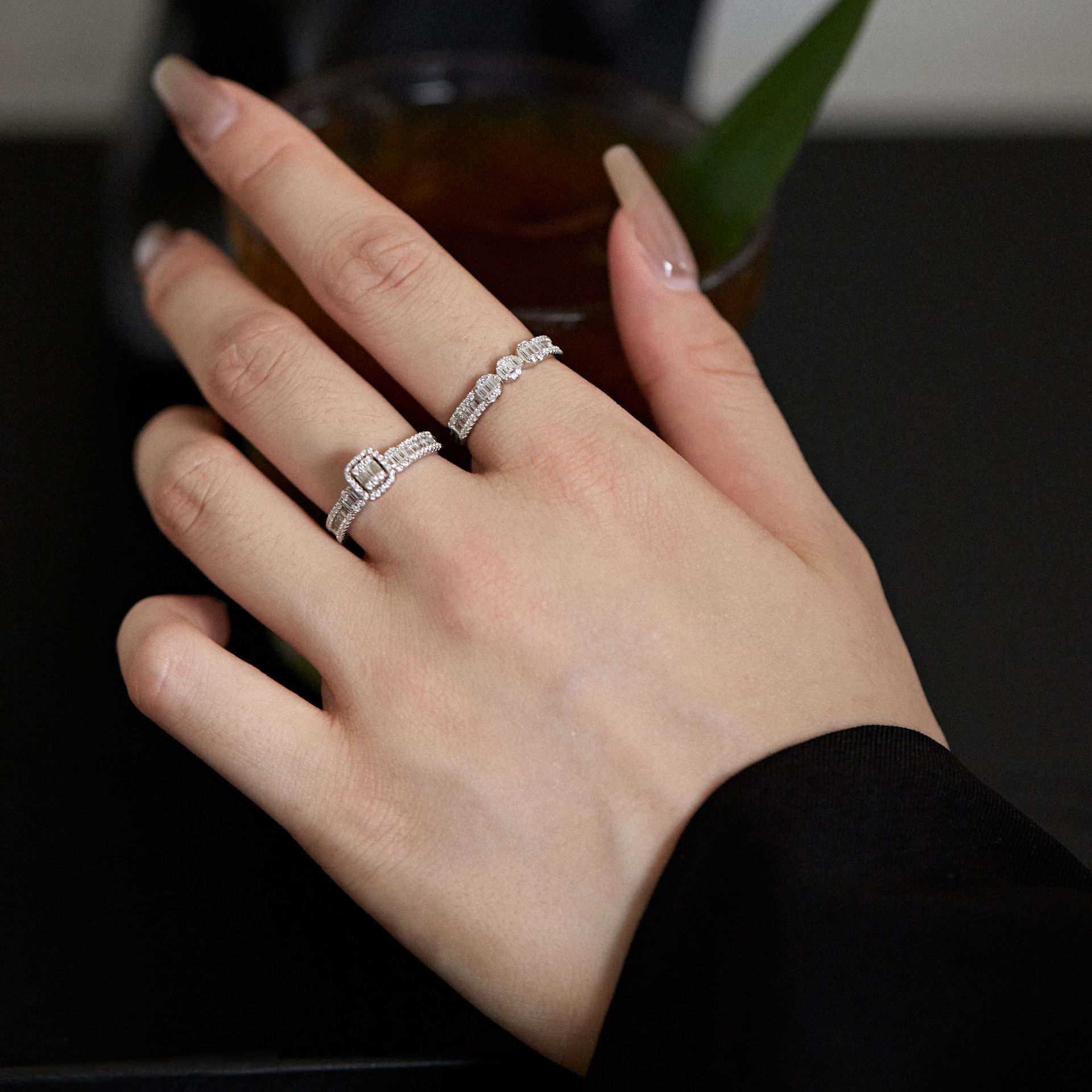 Fashion Geometric Sterling Silver Inlaid Zircon Rings 2 Piece Set