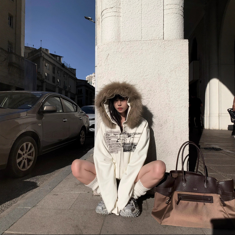 Korean Autumn and Winter White Pearl Fur Sunset-Style Slimming Warm Casual Cardigan Hooded Fur Collar Sweatshirt Jacket for Men and Women