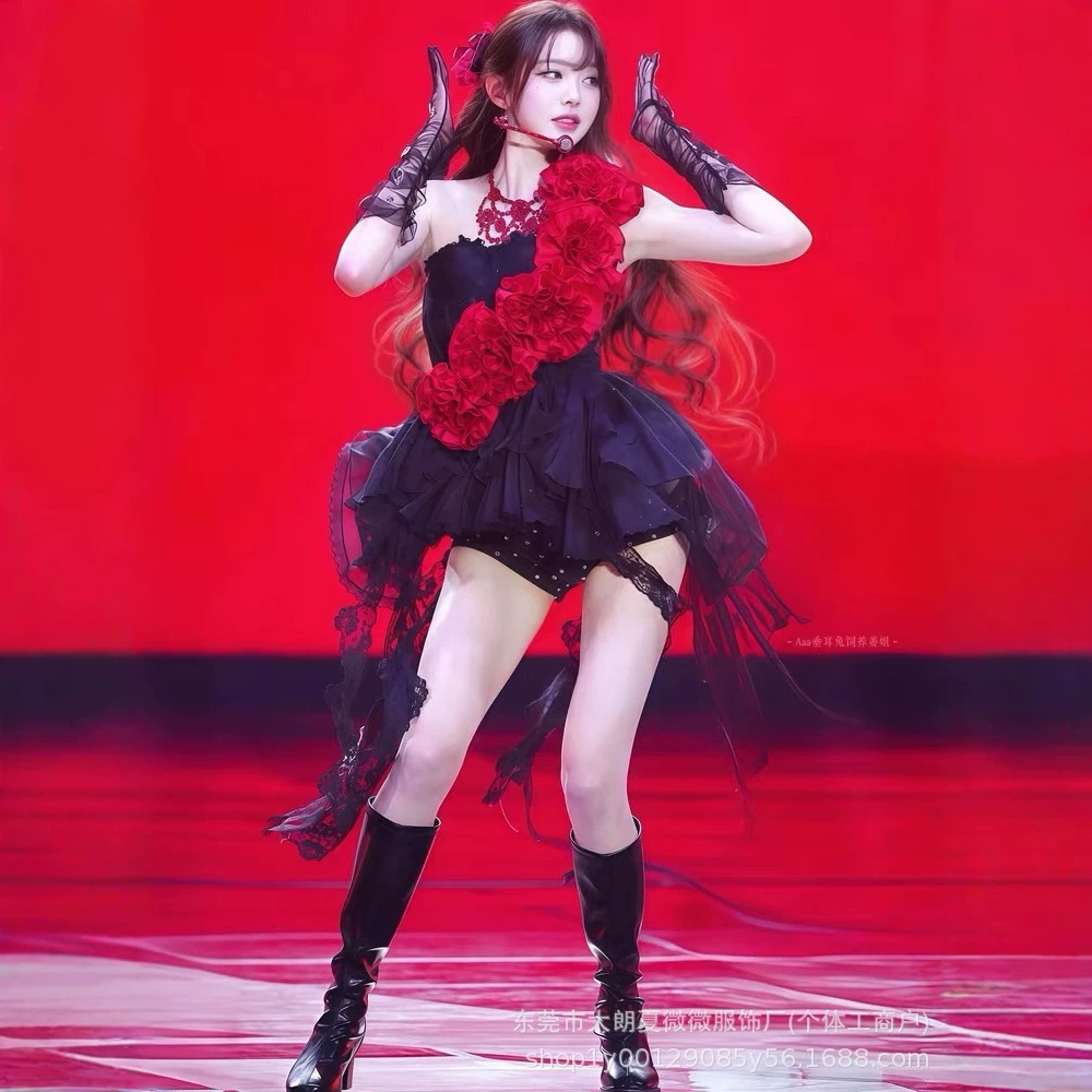 Zhang Yuanying's same style, heavily embellished red floral dress with sparkling rhinestones, stage performance outfit, strapless dress