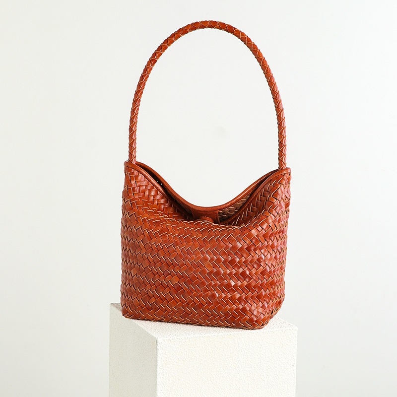 Vacation Lazy Style Retro Casual Hand-Woven Bucket Bag, Handheld Market Basket Bag, Single Shoulder Underarm Bag - Thumbnail 4