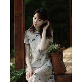 仿苎麻印花汉服改良宽松旗袍2024夏季新款新中式国风中长连衣裙女