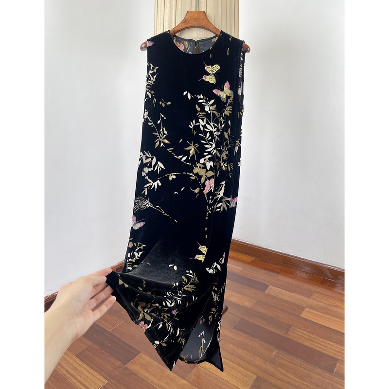 Silk Velvet Tank Dress! Vintage Feminine Straight-Cut Slimming Mulberry Silk Burnt Flower Pattern New Chinese Style Sleeveless Dress