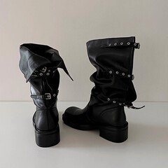 牛皮版~百搭机车靴女设计感小众炸街骑士靴女遮肉皮带扣显瘦长靴