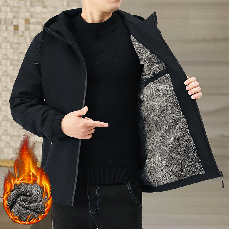 Cross Border fleece-lined Thick Jacket Men's Winter New Casual Hooded Windproof Outdoor Windbreaker Men's Warm plus size Jacket