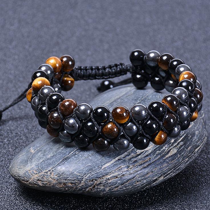 Tiger Eye And Magnetic Black Stone Layered Braided Bracelet_voghion.com