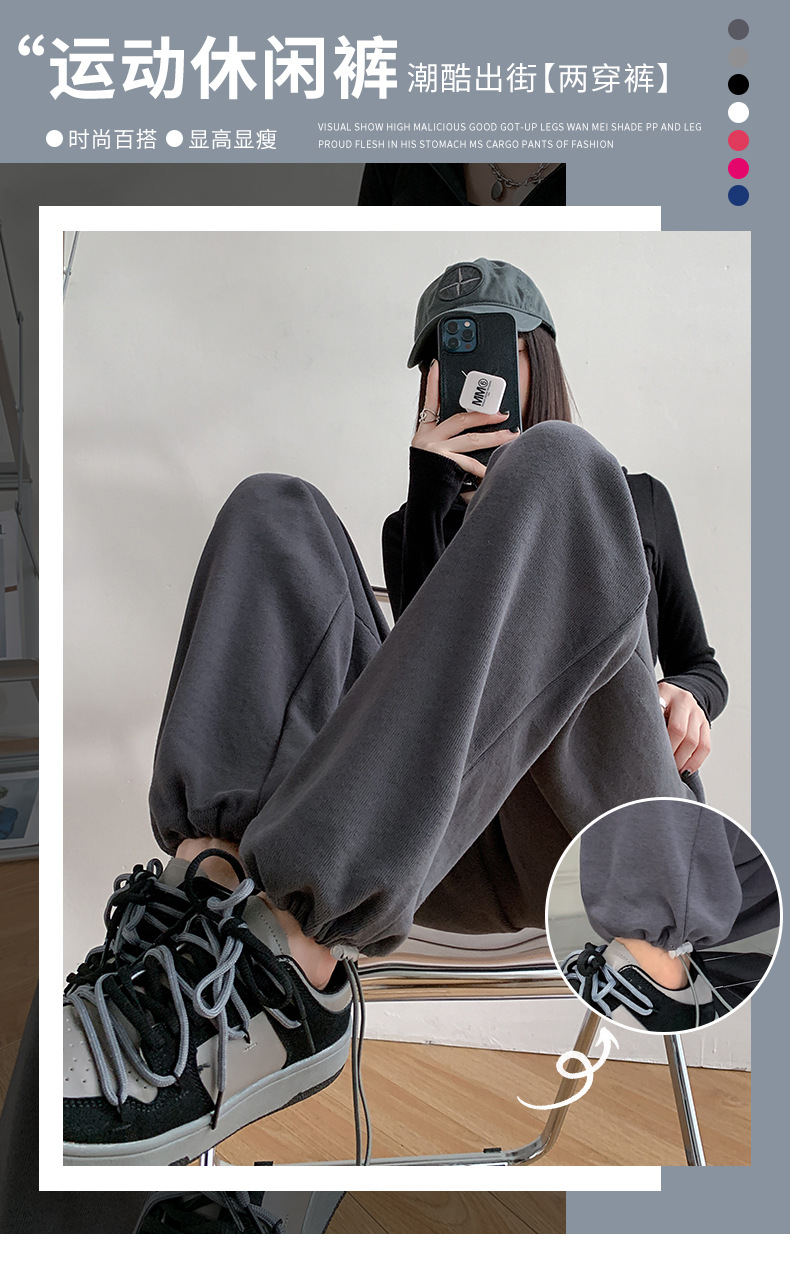 American grey sportswear pants for women in autumn and winter, fleece loose straight-leg casual sweatpants, petite wide-leg pants, trendy ins pic 1