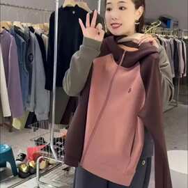 200斤胖mm特大码拼色连帽卫衣女2025秋装女休闲百搭宽松拉链上衣